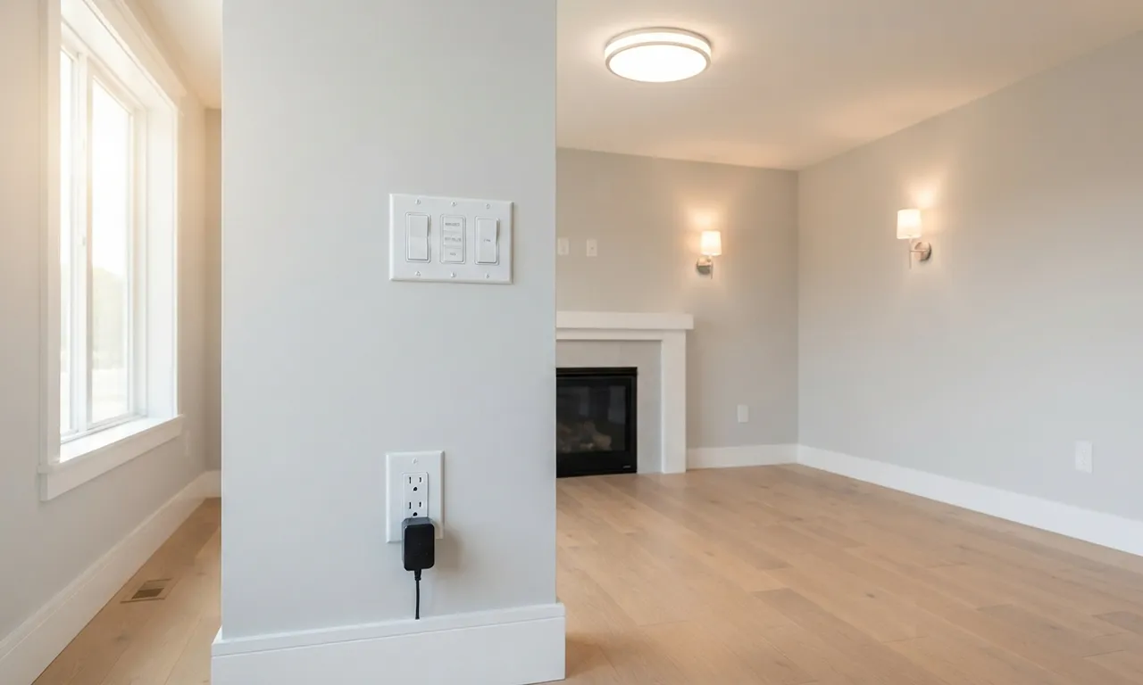A finished room with outlets installed, light fixtures mounted, and switches on the wall