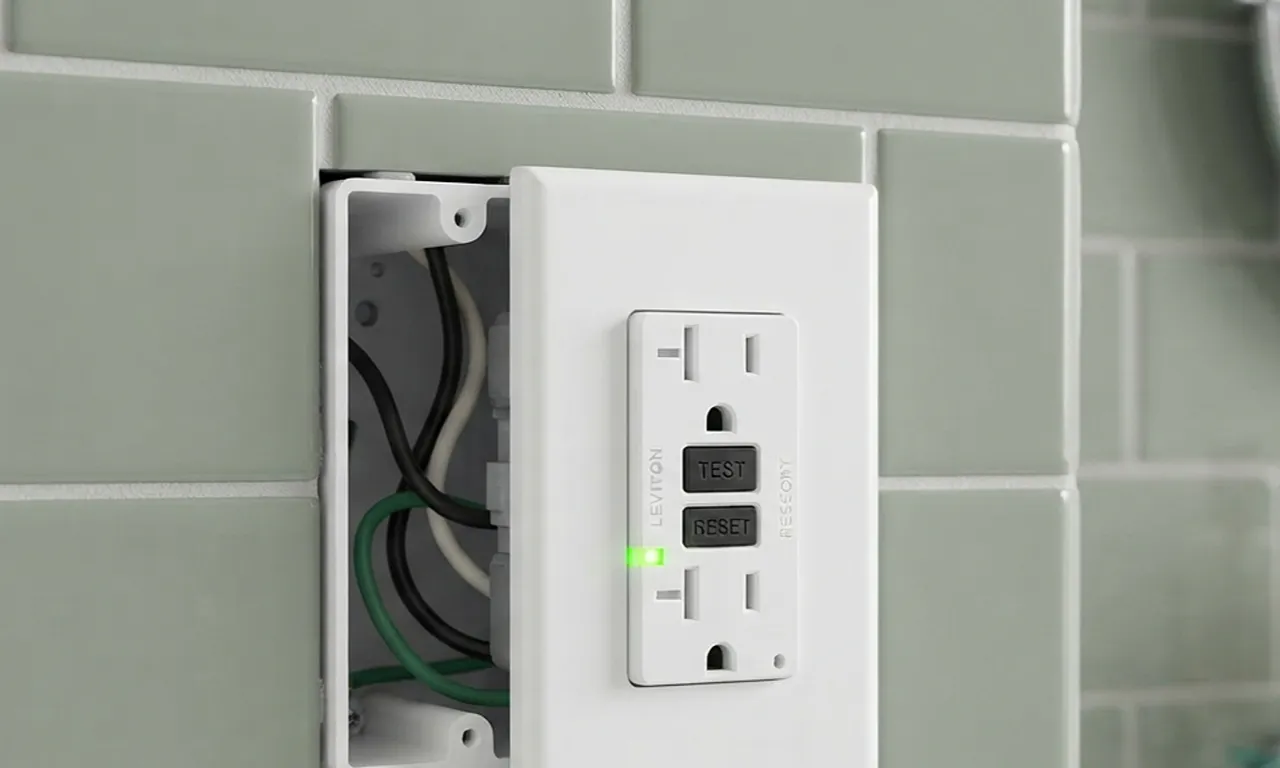 GFCI outlet with TEST and RESET buttons being installed in a bathroom wall