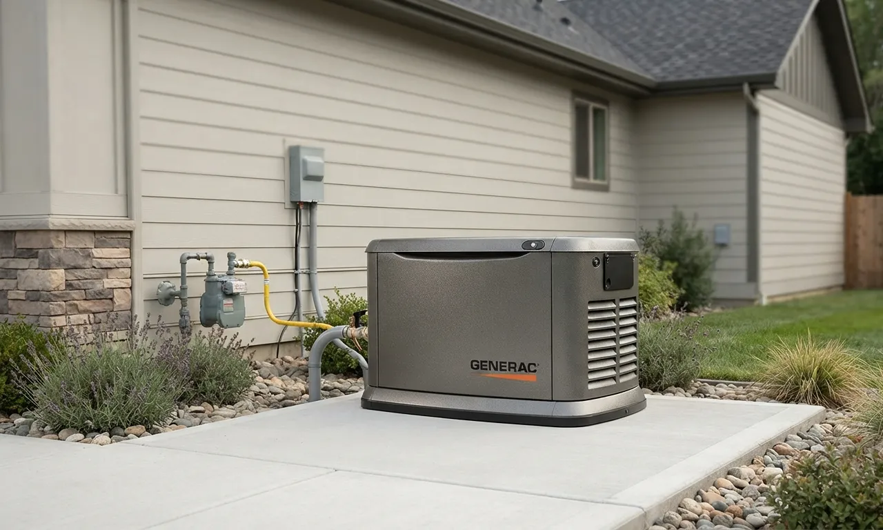 Generac whole house generator installed on a concrete pad next to a home
