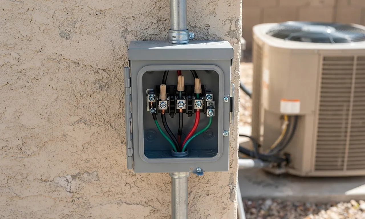 HVAC disconnect switch mounted on a wall next to an outdoor AC unit