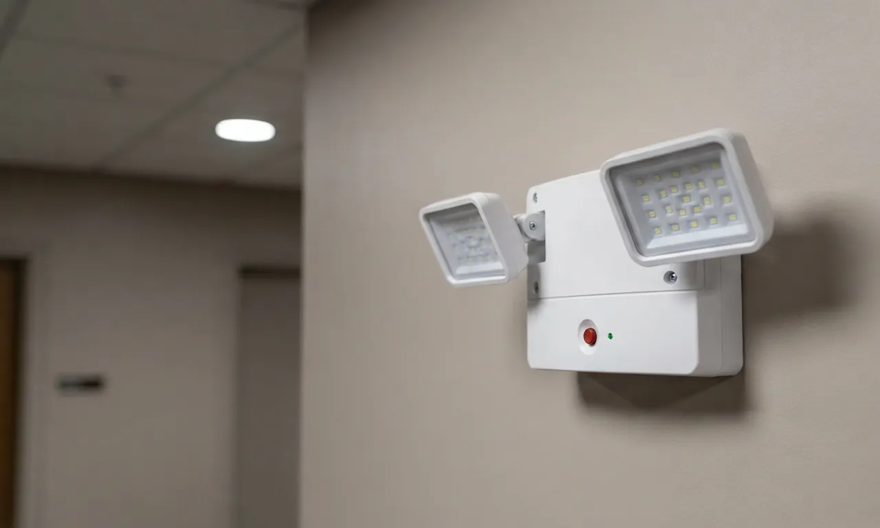 LED emergency light fixture mounted on a commercial building wall