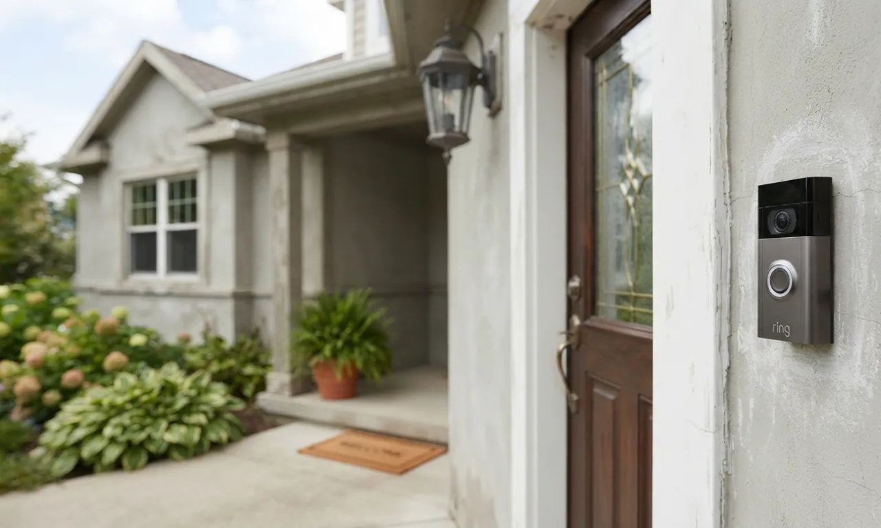 Ring video doorbell installed on the exterior wall of a home