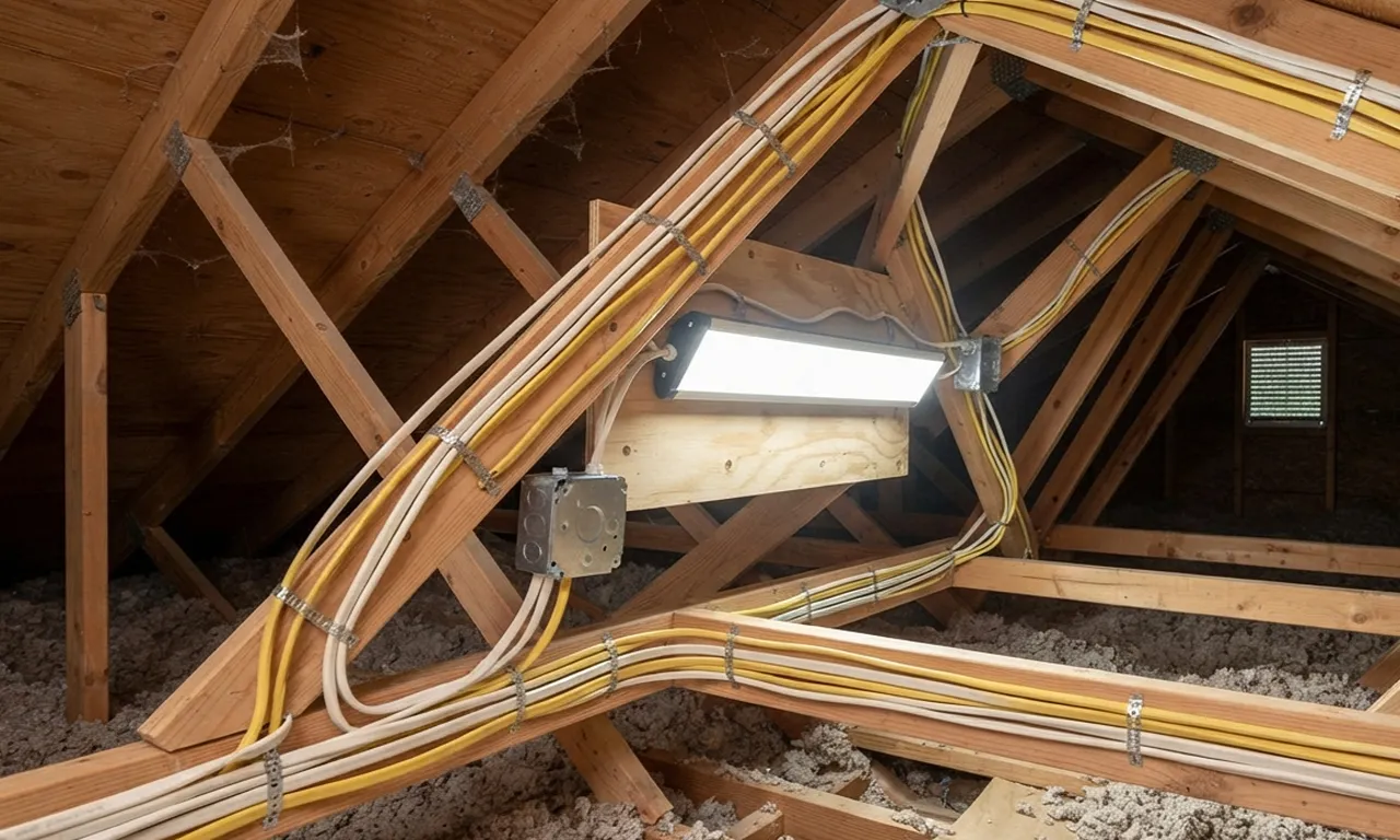 attic space with visible electrical wiring running through trusses