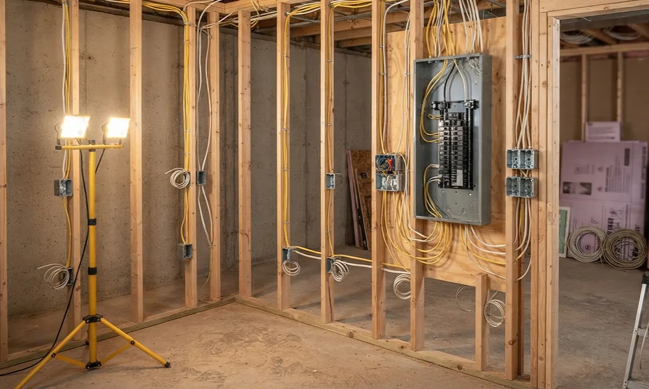 Basement during finishing with visible electrical wiring running through exposed studs