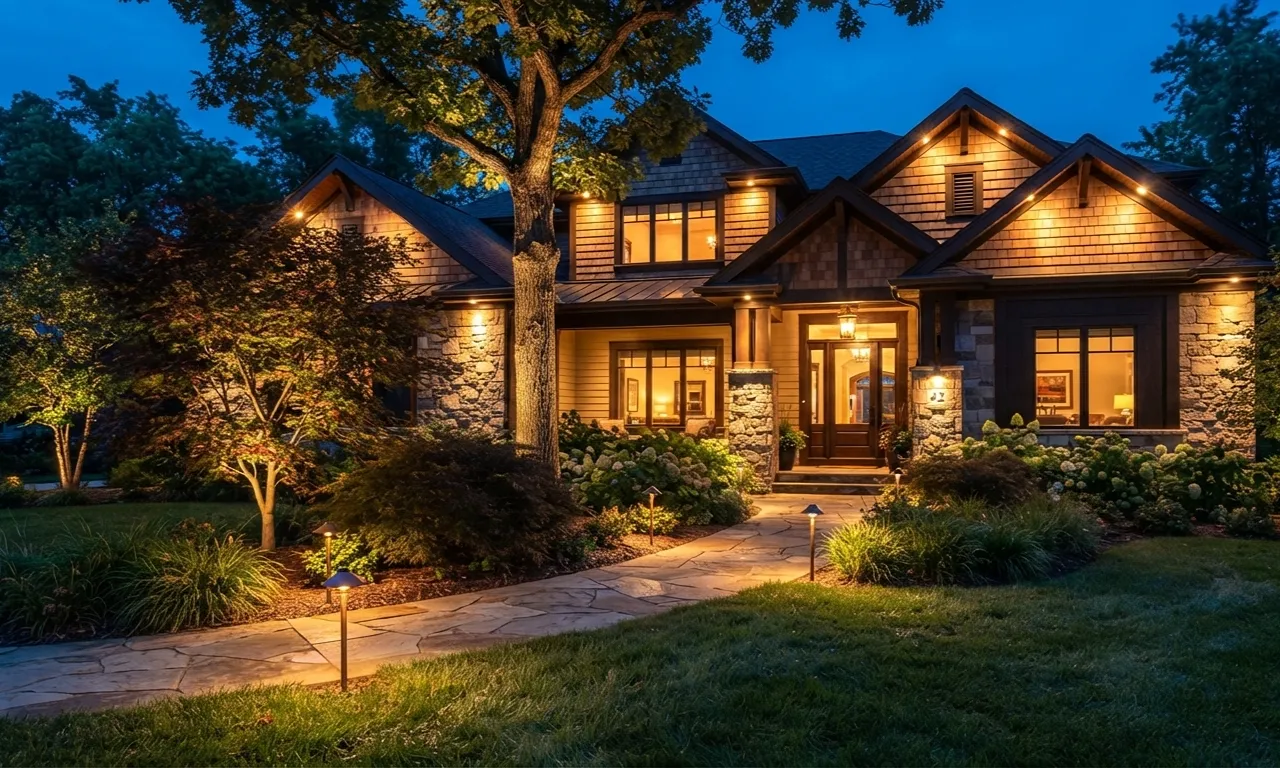 beautifully lit home exterior with landscape lighting