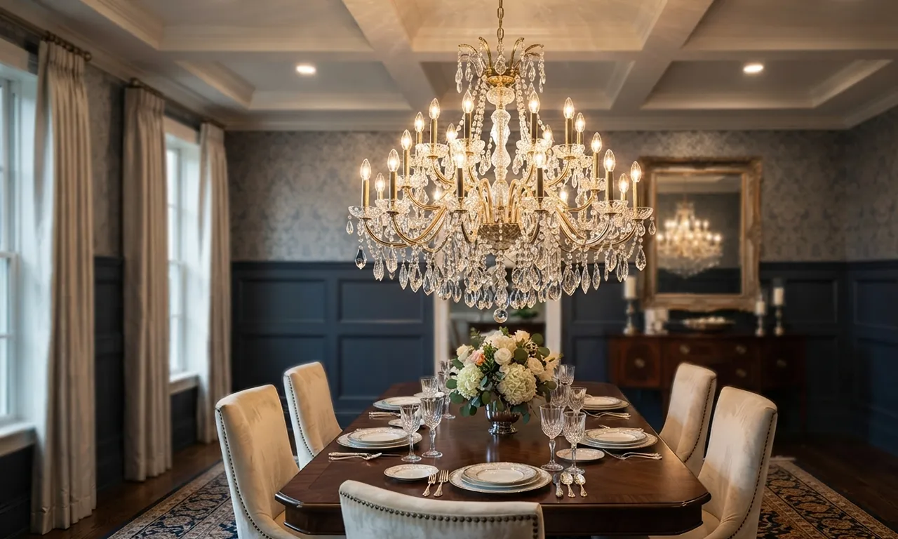 chandelier installed in a dining room above a table