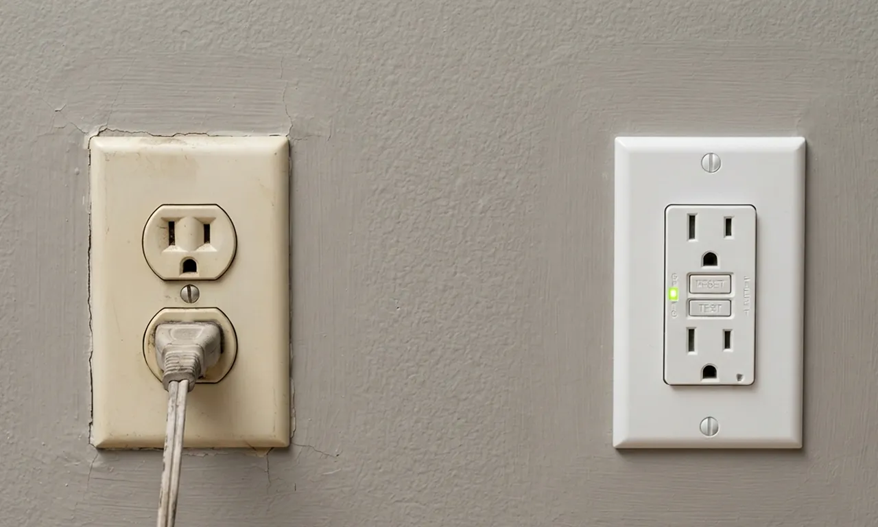 comparison between a code violation (old two prong outlet without ground) and a corrected installation (modern GFCI outlet with proper ground)