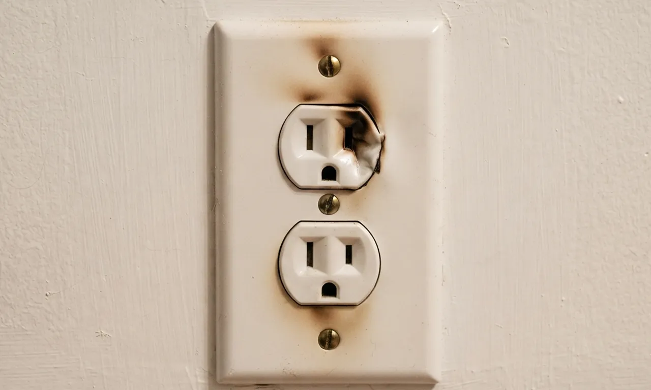 electrical outlet on a white wall showing slight brown discoloration and heat marks