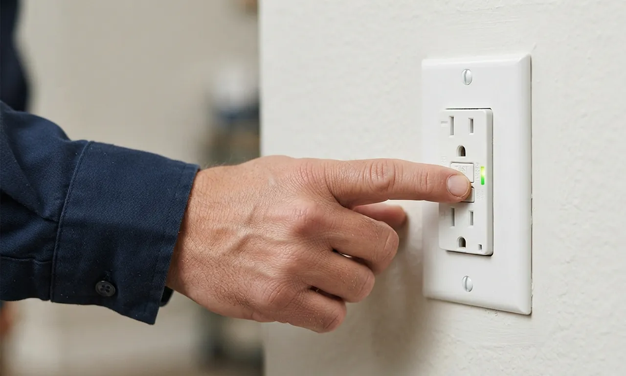 electrician's hand pressing the TEST button on a GFCI outlet