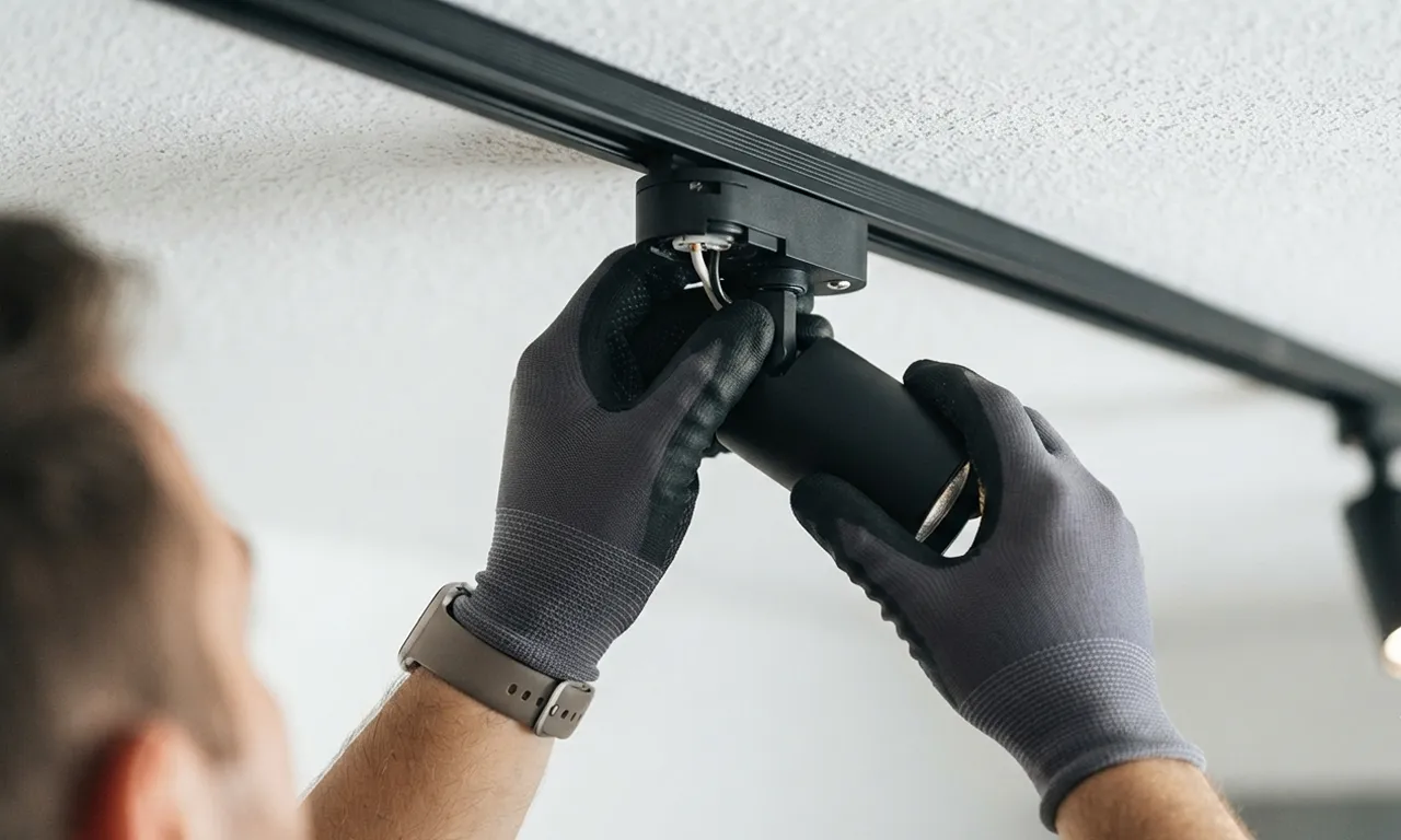electrician's hands adjusting a track light fixture.