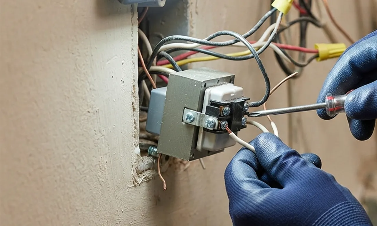 electrician's hands connecting a doorbell transformer