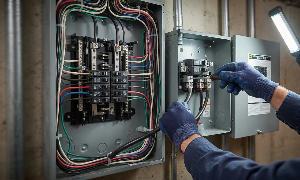 electrician's hands connecting a transfer switch to an electrical panel during a generator installation