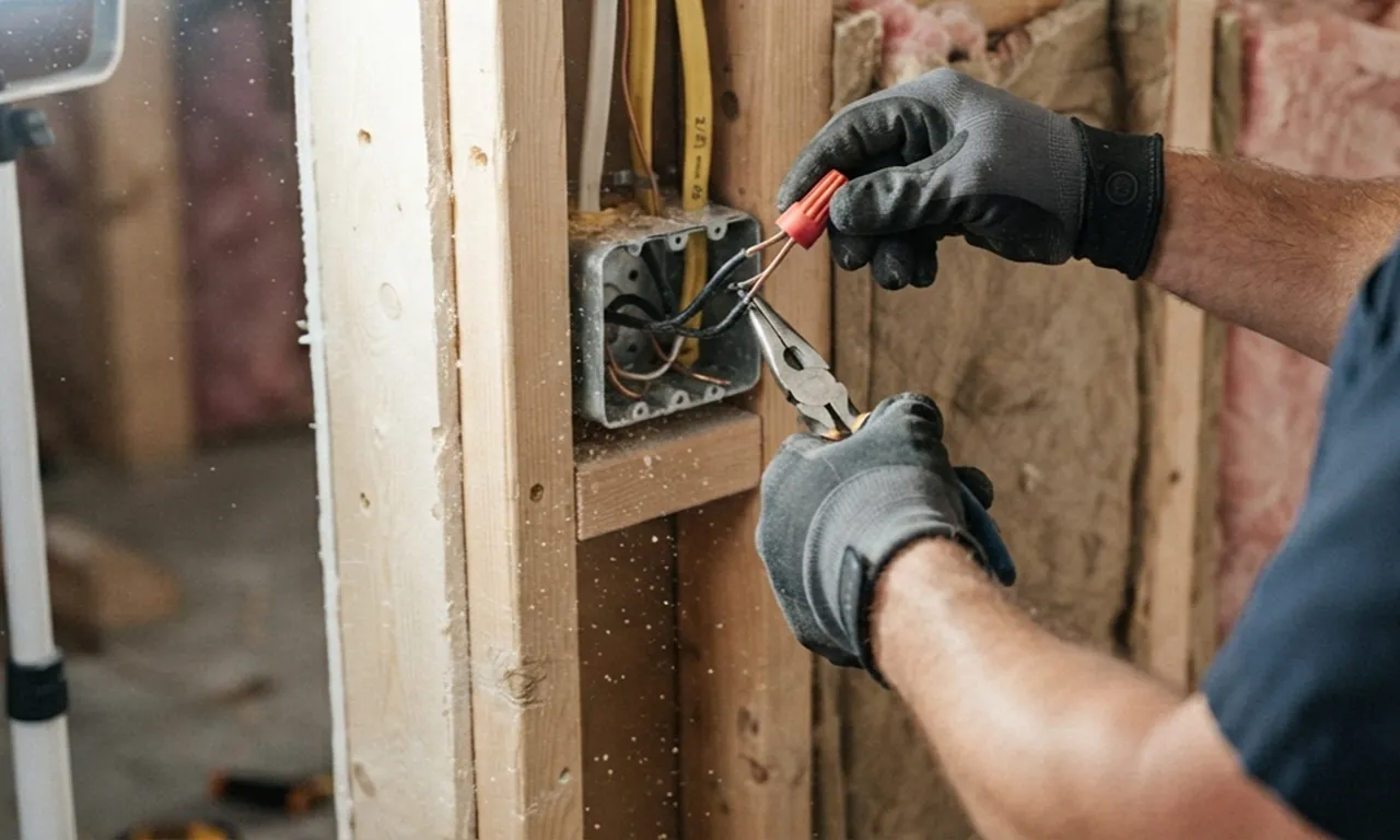 electrician's hands connecting new wiring in a junction box