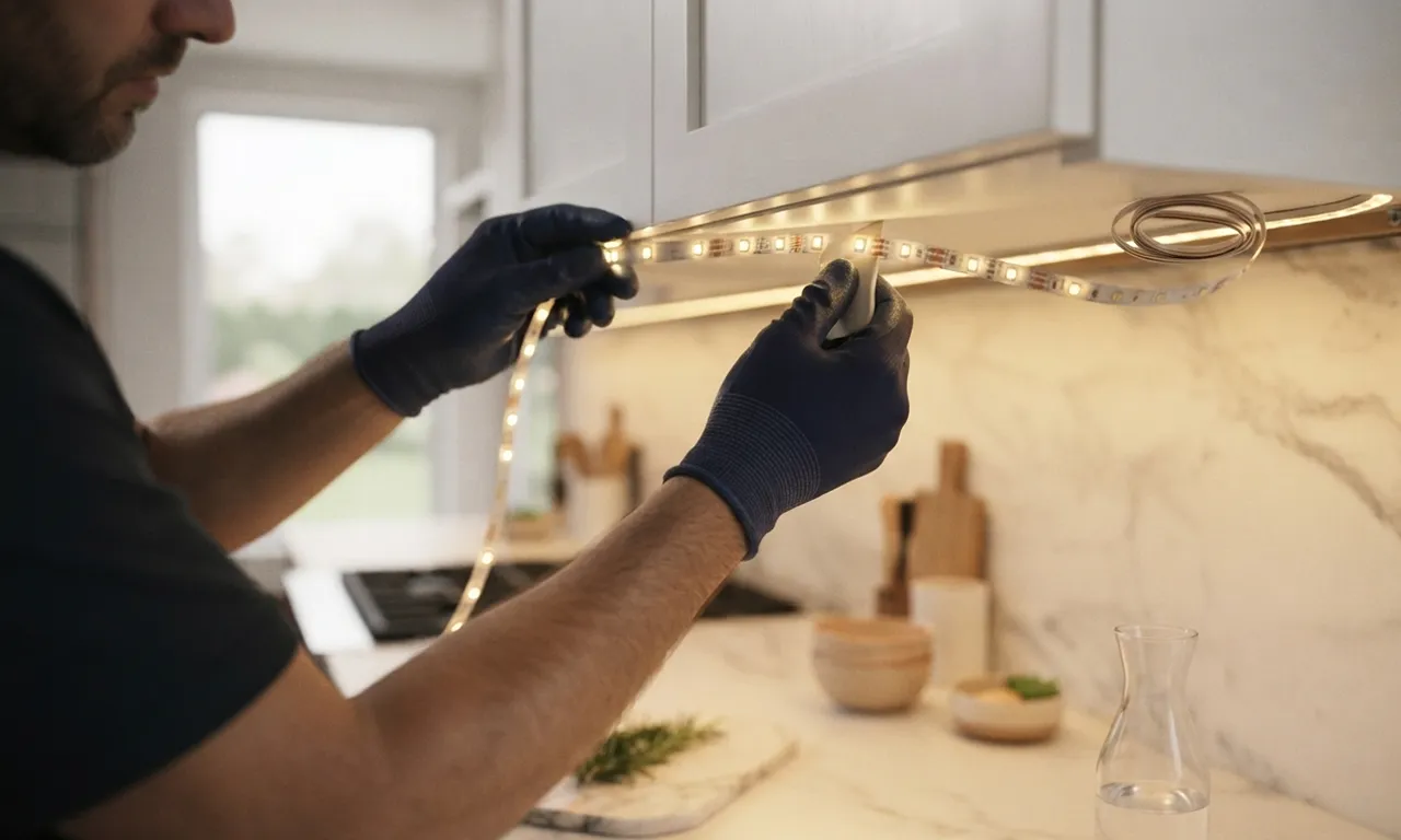 electrician's hands installing LED strip lights under a kitchen cabinet