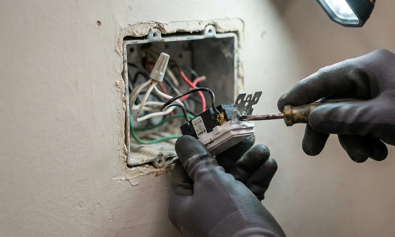 electrician's hands installing a smart switch in a wall box