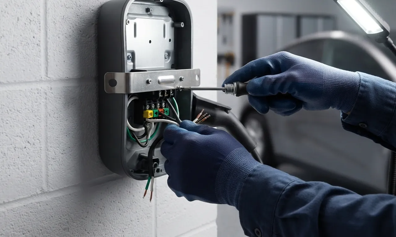 electrician's hands installing an EV charger on a garage wall