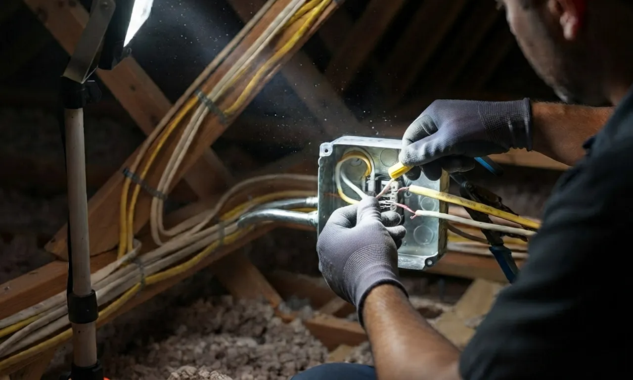 electrician's hands installing electrical wiring in an attic space