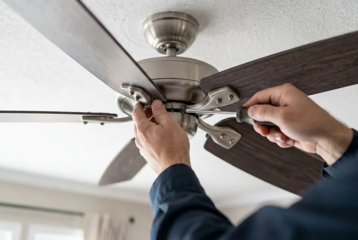 Electrician repairing a ceiling fan