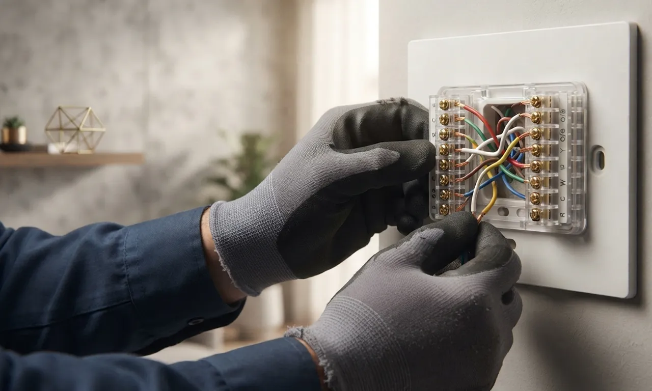 electrician installing low voltage wiring for a smart thermostat
