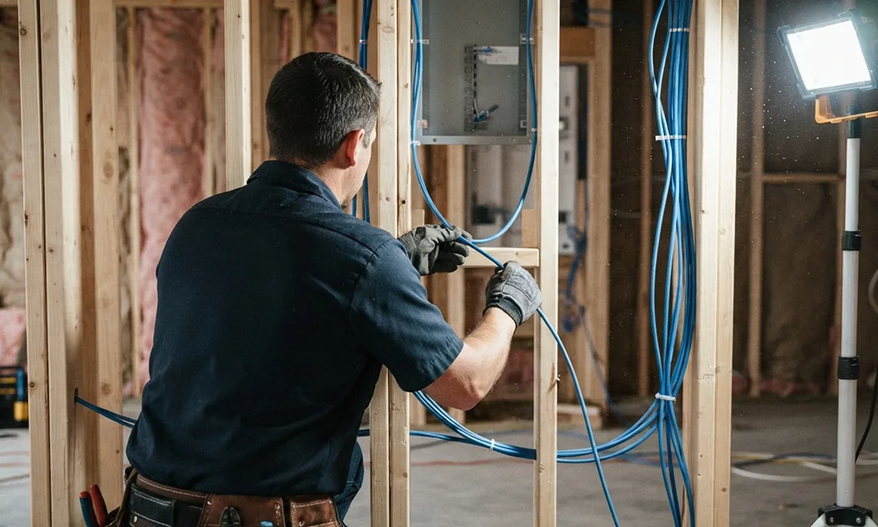 electrician installing network cabling in a new home construction