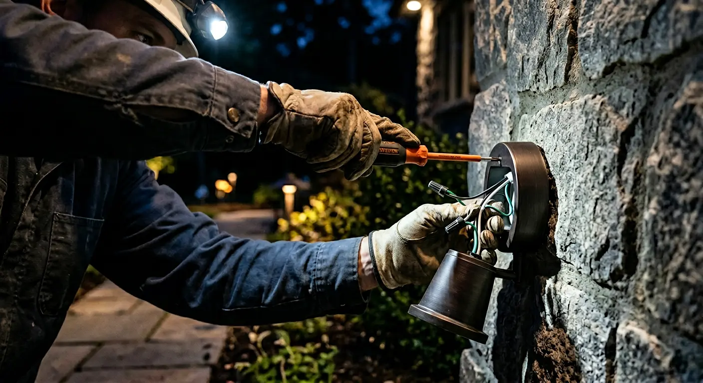 Electrician installing professional outdoor lights