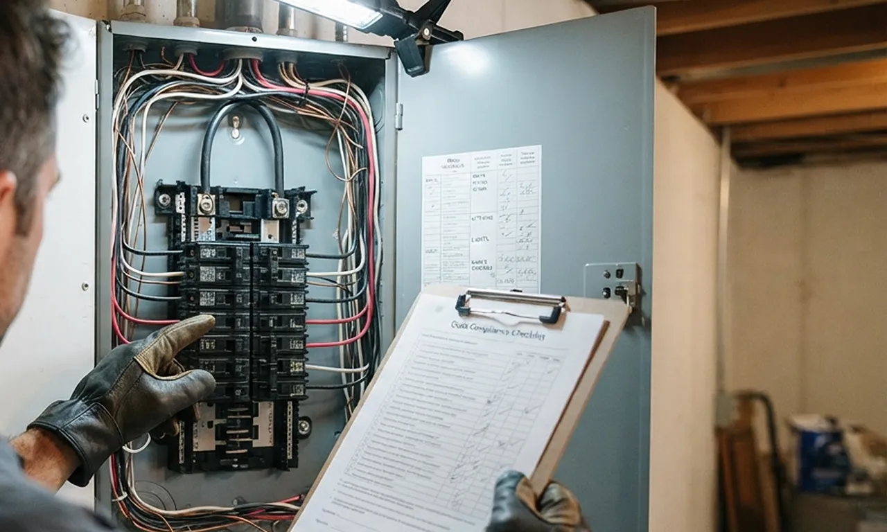 electrician reviewing a code compliance checklist while inspecting an electrical panel