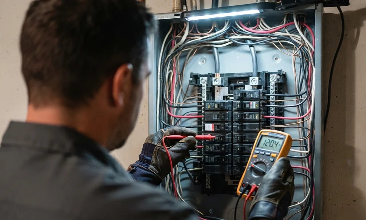 electrician using a multimeter to test an electrical panel