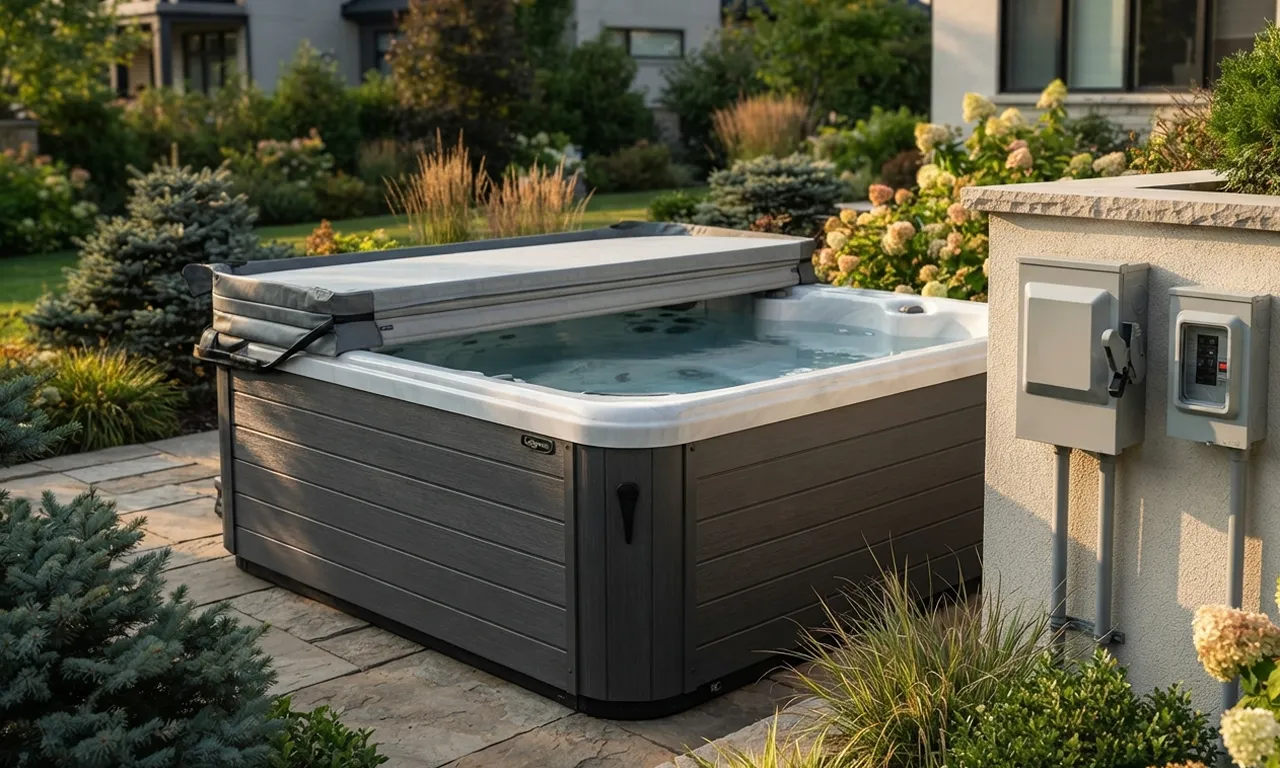 hot tub with visible electrical disconnect switch and GFCI panel mounted on the wall nearby