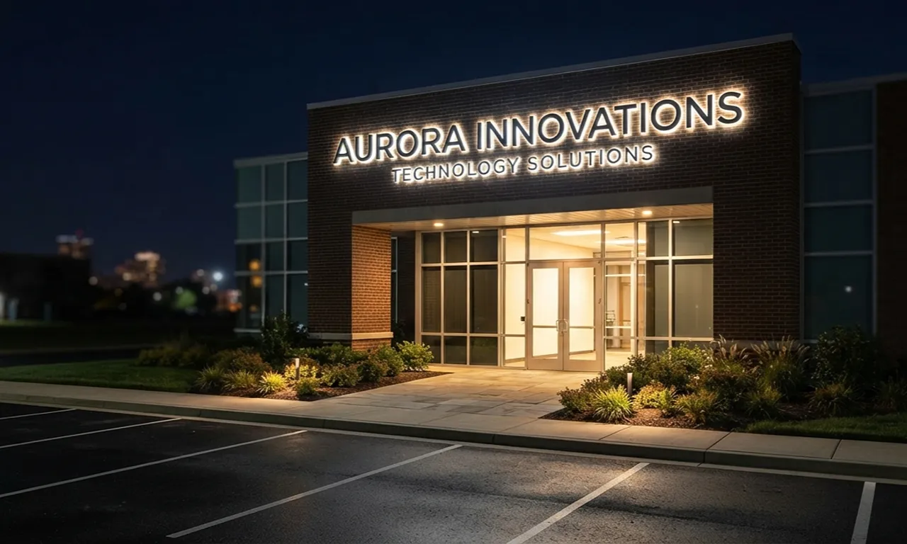 illuminated business sign on a commercial building at night