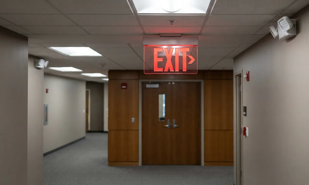 illuminated emergency exit sign above a door in a commercial building hallway