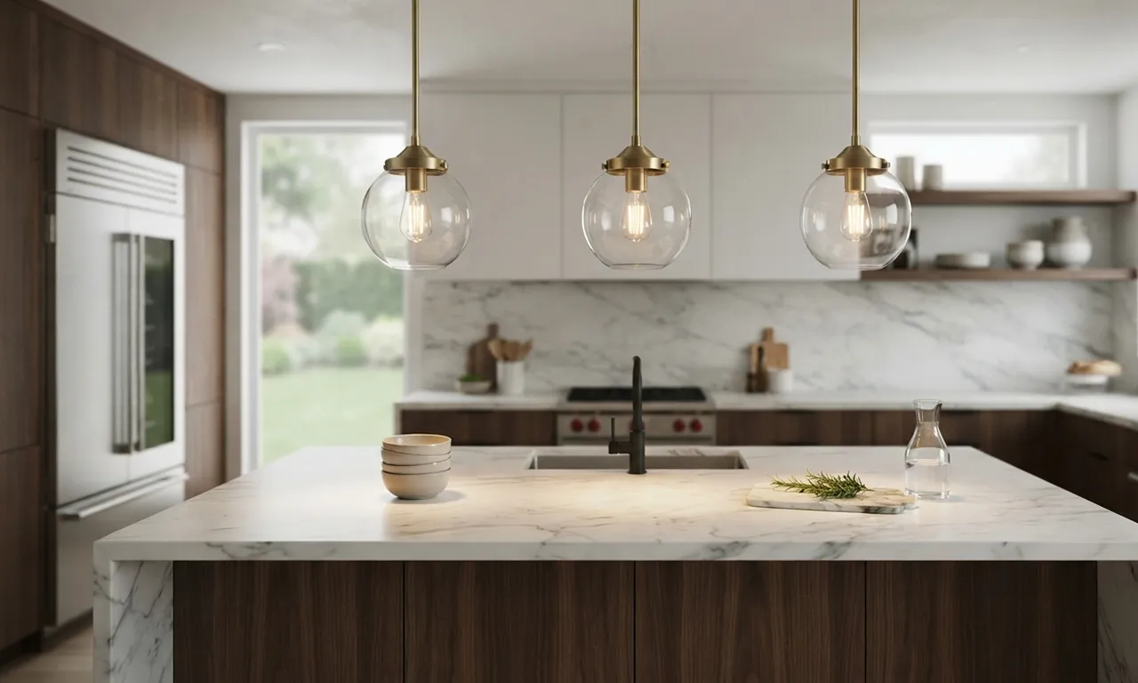 kitchen island with three pendant lights hanging above it