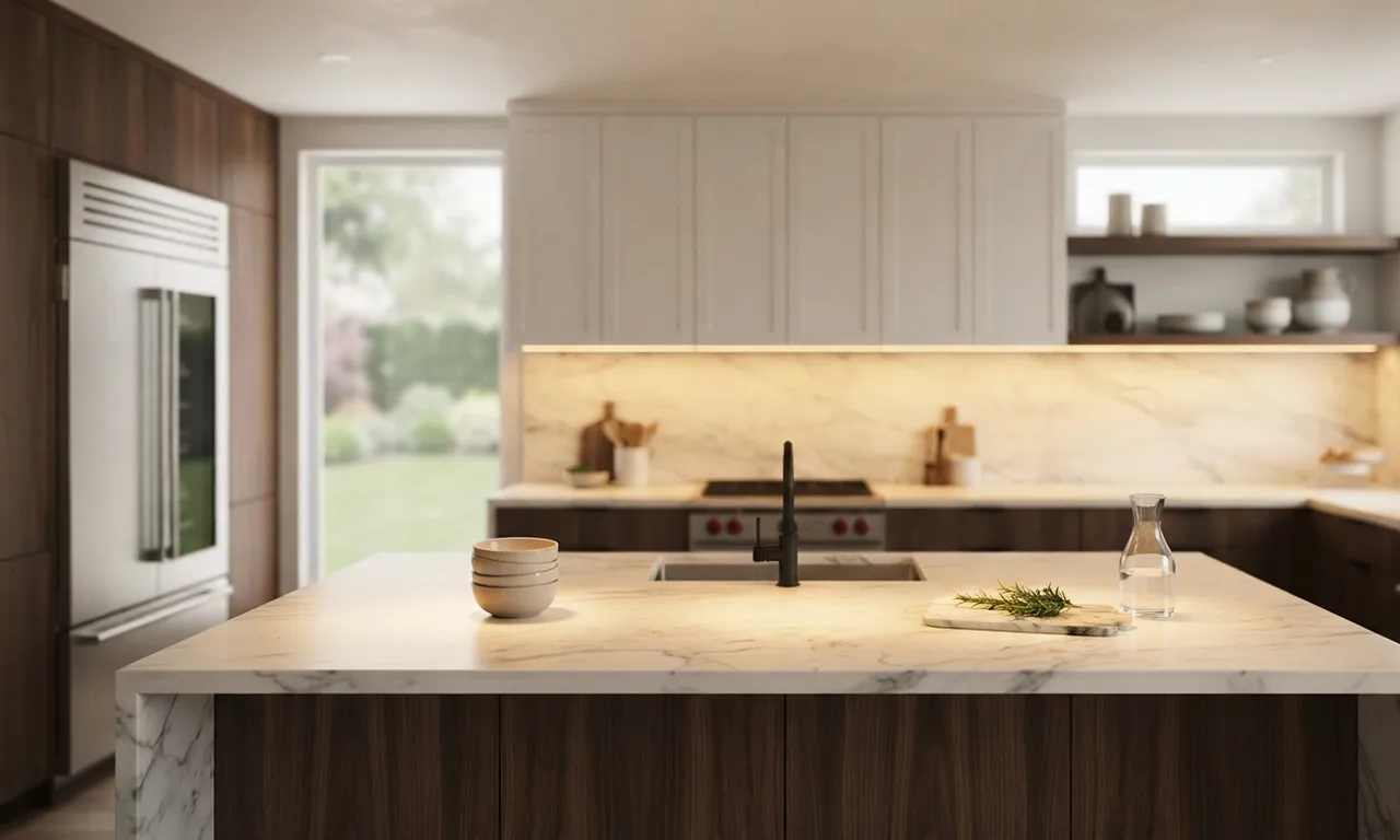 kitchen with LED strip under cabinet lighting illuminating the countertops