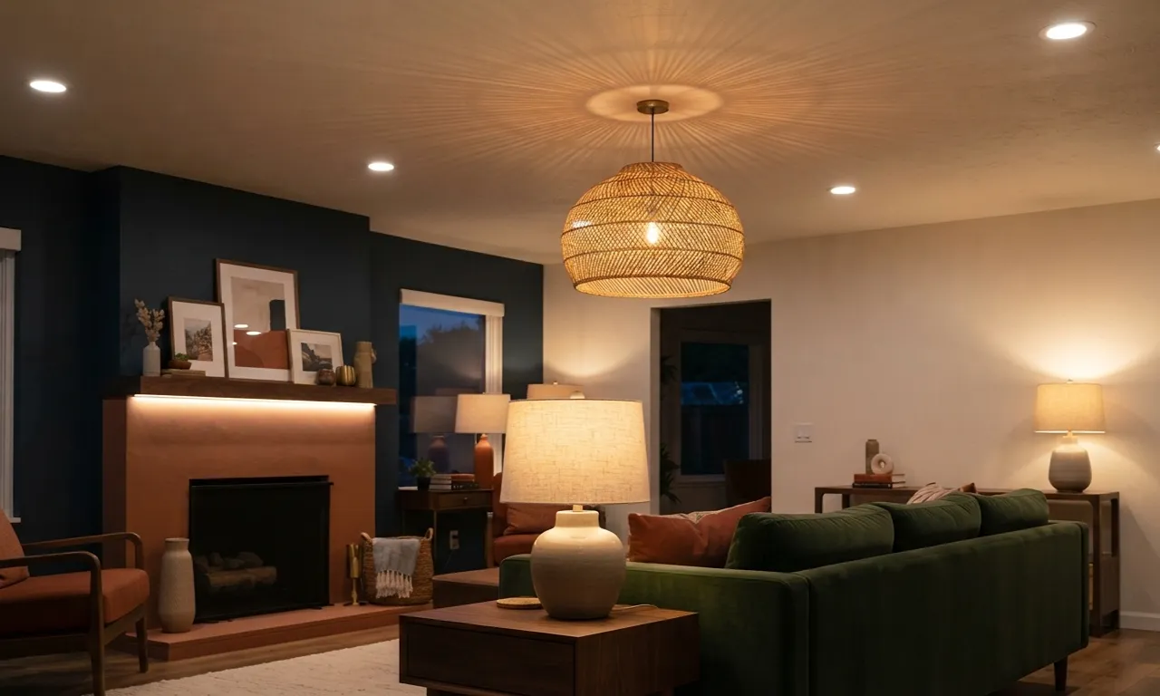 living room with multiple lighting layers