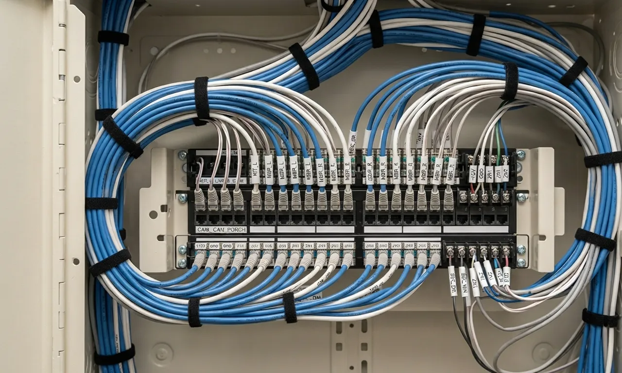 low voltage wiring installation showing neatly organized cables