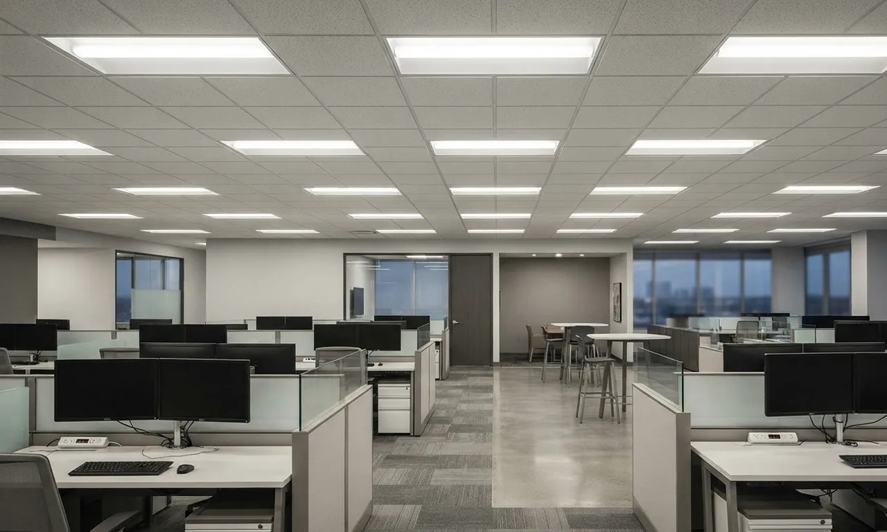 modern office space with commercial lighting providing bright, even illumination