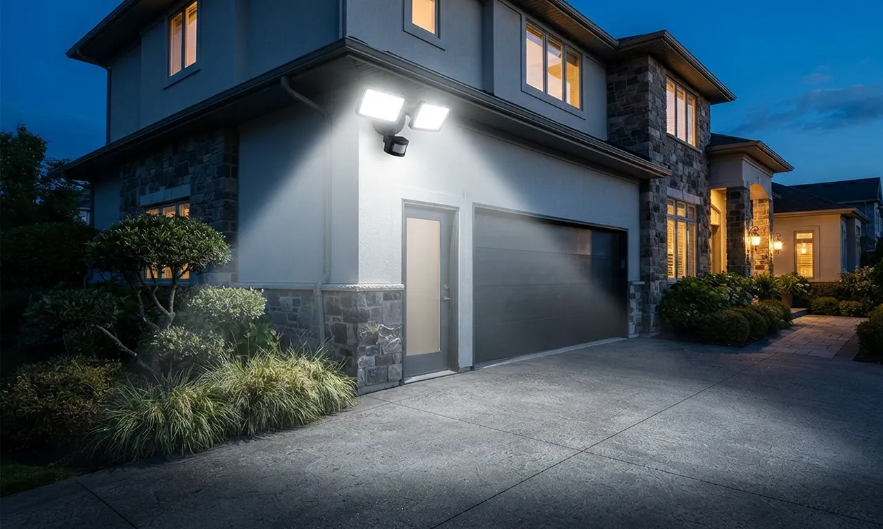 motion sensor floodlight installed on the side of a house