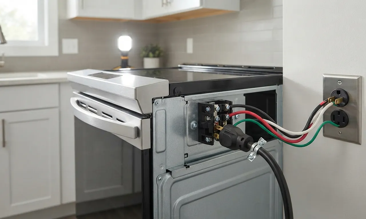 new electric range being installed in a kitchen with visible wiring connections