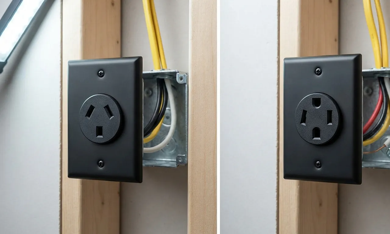 photograph comparing a 3 prong dryer outlet   and a 4 prong dryer outlet