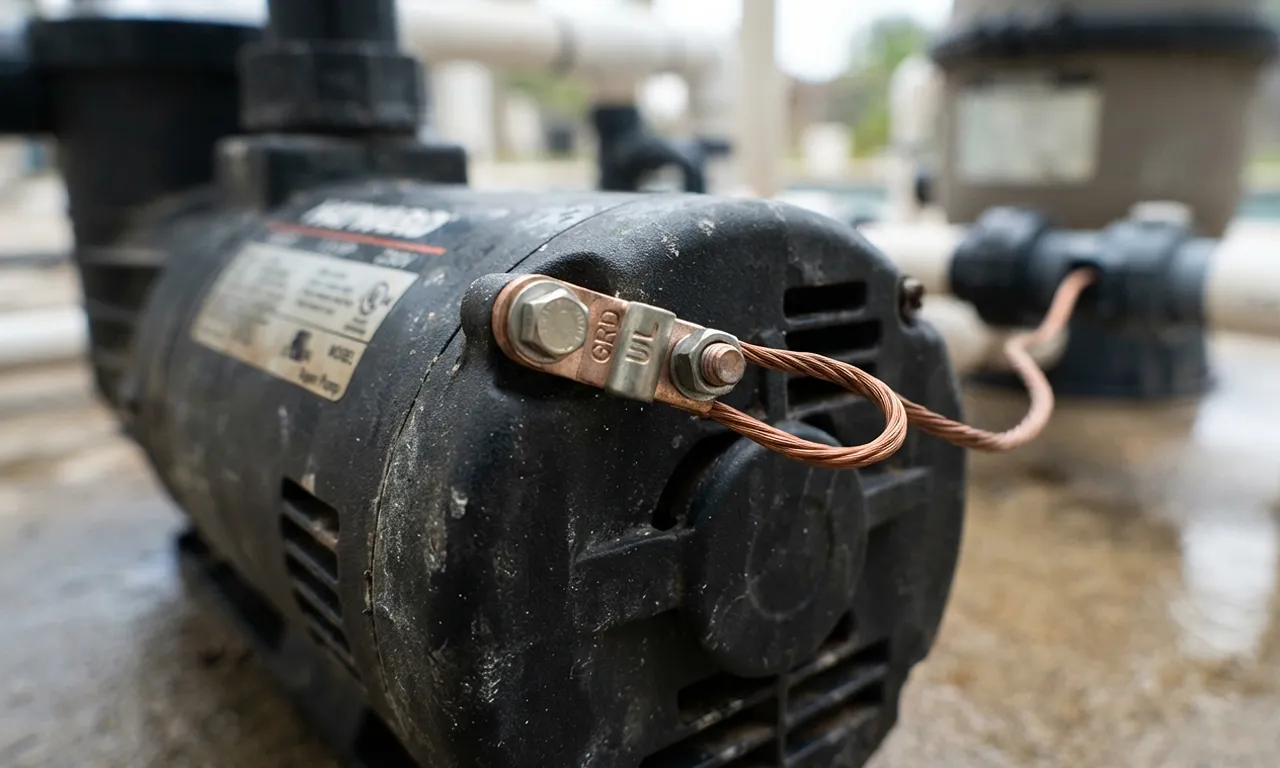 pool bonding connection showing a copper wire connected to the bonding lug on a pool pump
