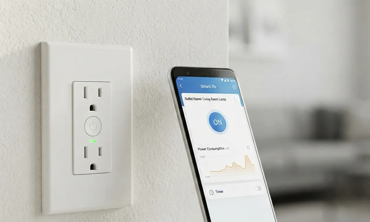 smart outlet with a phone showing the control app next to it