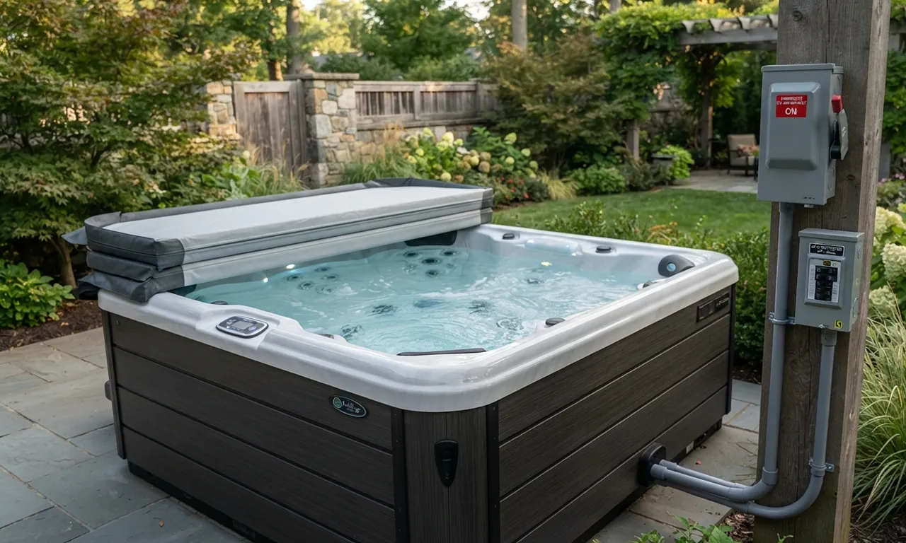 spa in a backyard setting with visible electrical disconnect switch and GFCI panel mounted on the wall nearby