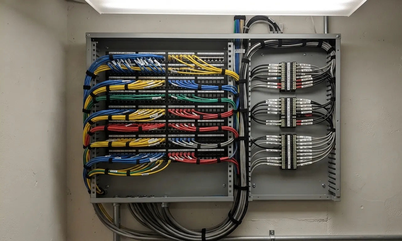 structured-cabling-panel-with-organized-Ethernet,-speaker,-and-control-cables