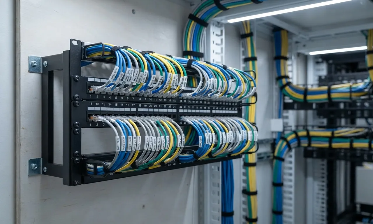 structured network cabling installation with multiple Cat6 Ethernet cables running into a patch panel