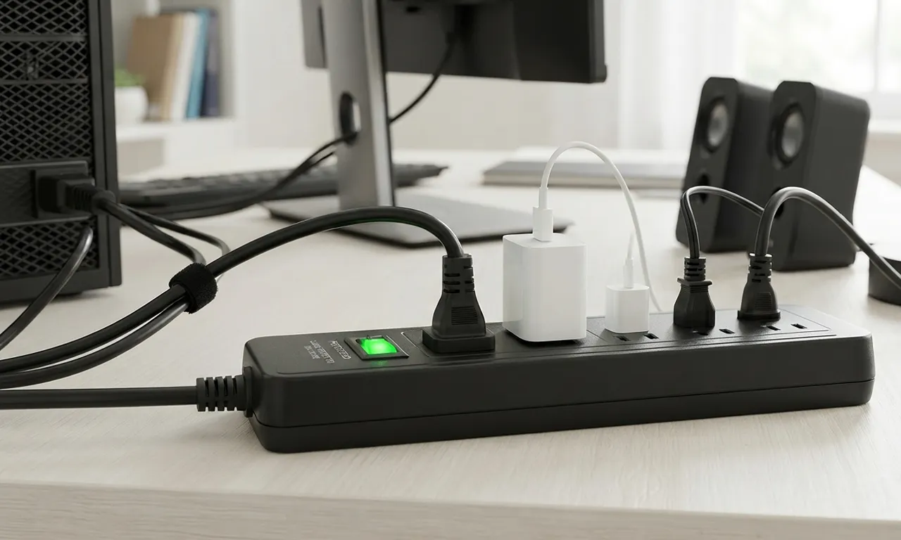 surge protector power strip with devices plugged in