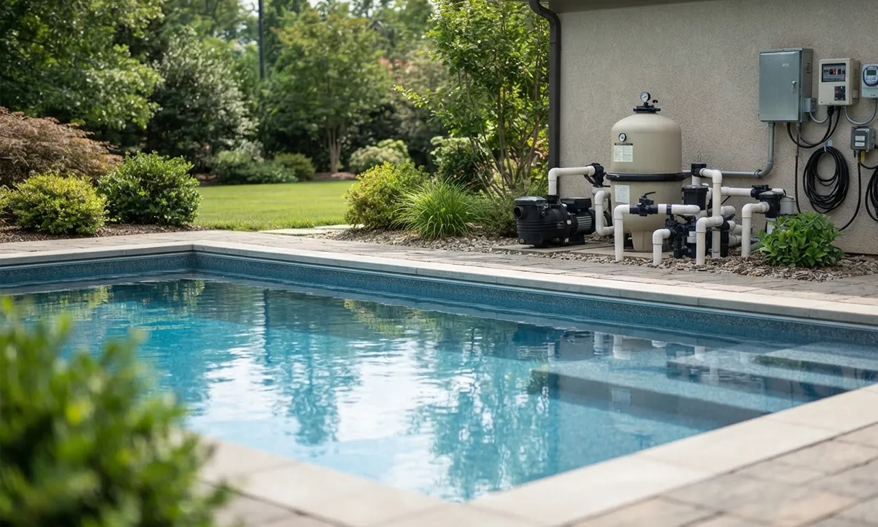 swimming pool with visible pool equipment including a pump, filter, and electrical connections in the background.