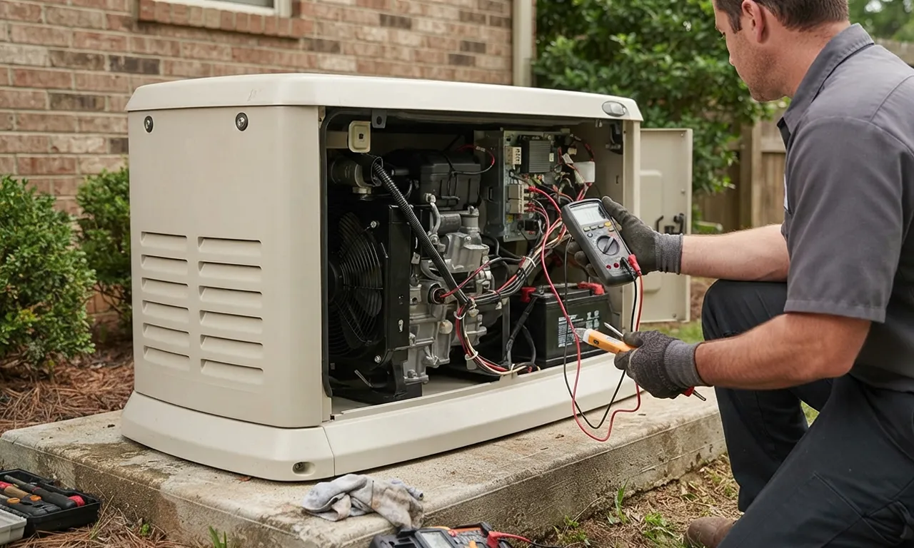 technician repairing a generator with the panel open