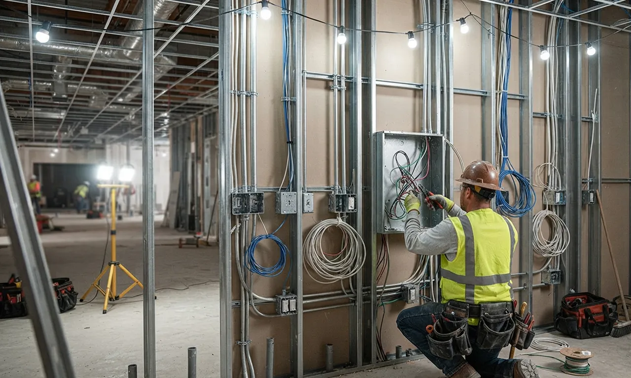 Electrician working on tenant build-out electrical system