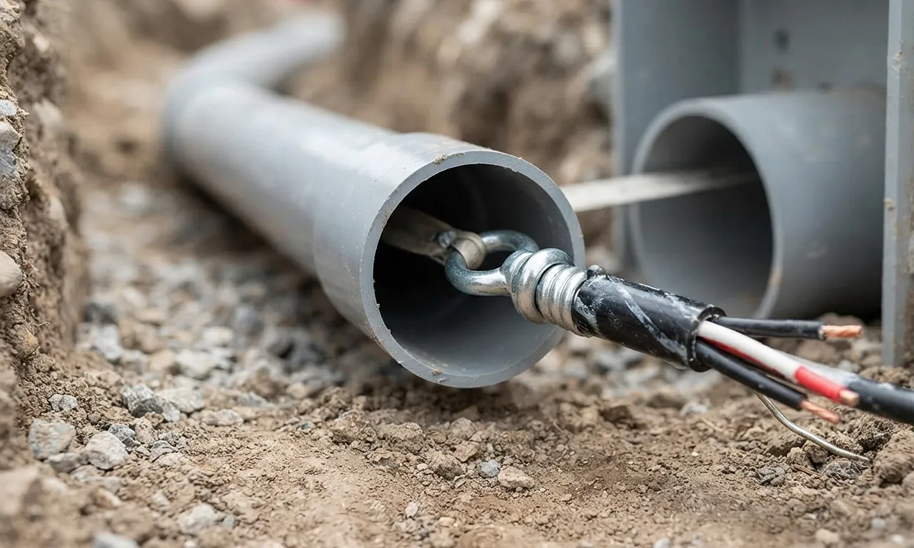 underground electrical cable being pulled through PVC conduit