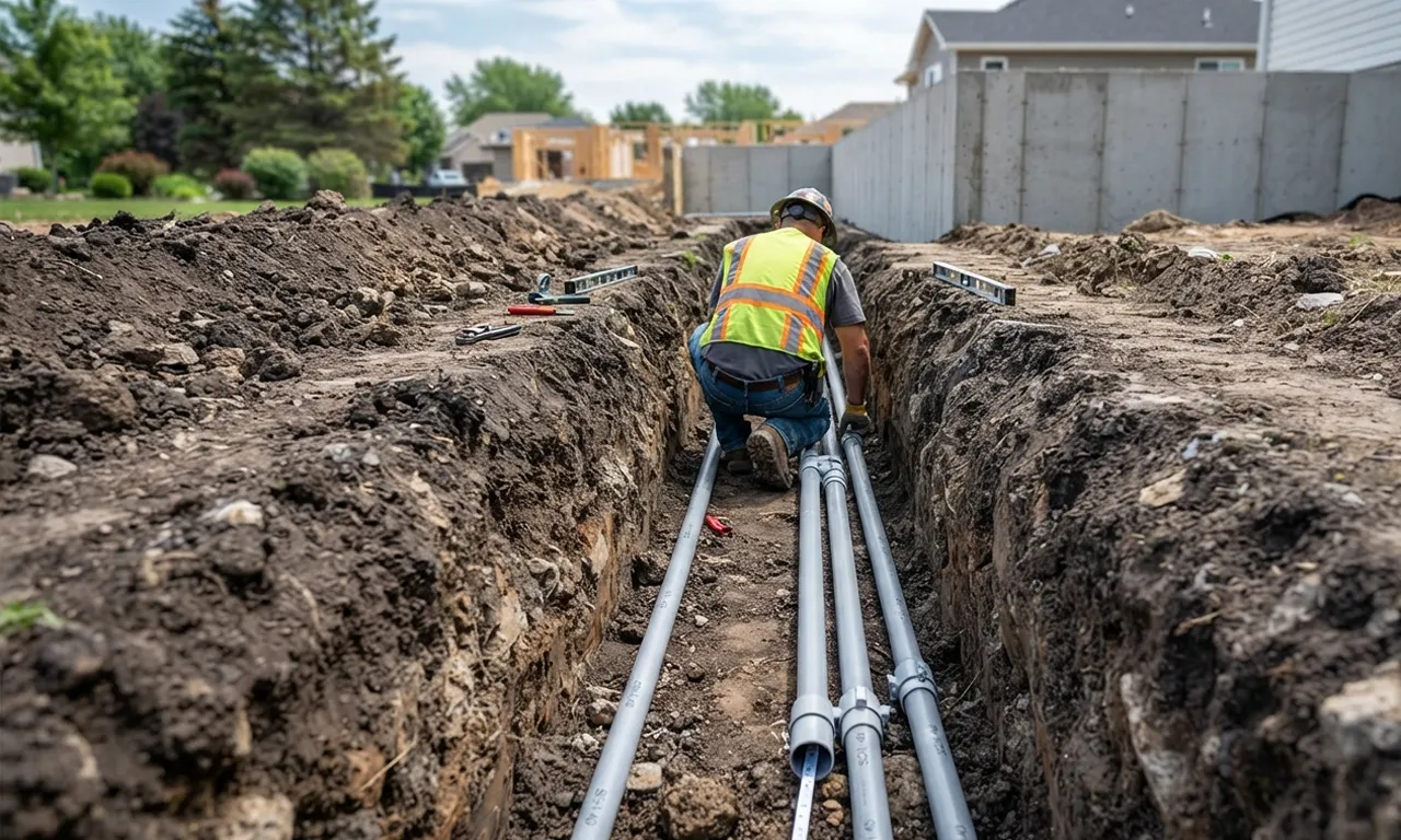Underground trench being dug for underground electrical wiring installation