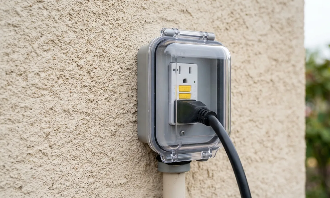 weatherproof outdoor outlet with an in use cover installed on an exterior wall